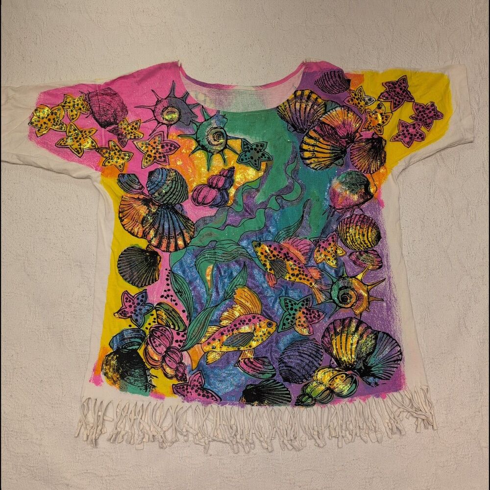 Vintage 90s Tropical Fish Coral AOP All Over Print Shirt Colorful Maximalist Fun - Picture 3 of 11